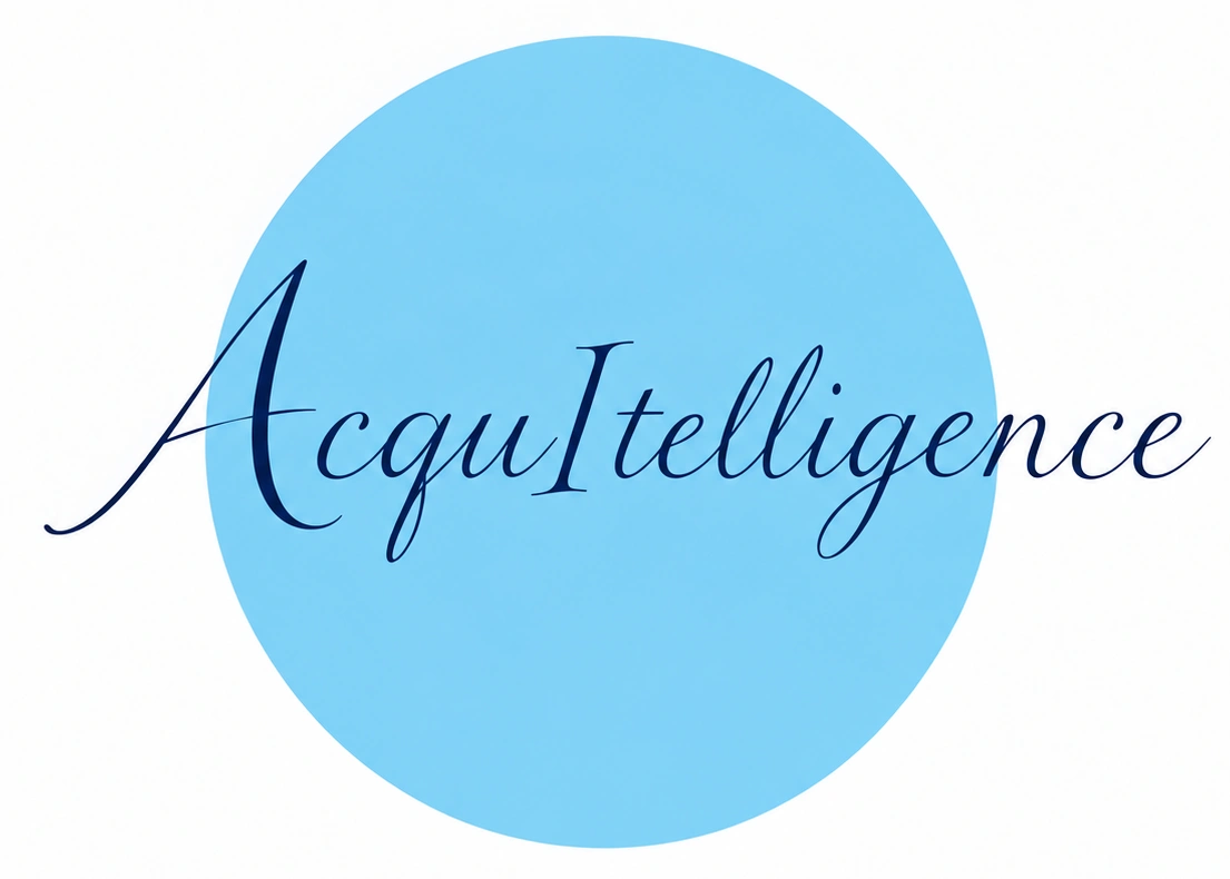 Acquitelligence in fine navy calligraphy across an aqua-blue circle, with a prominent A and capital I.